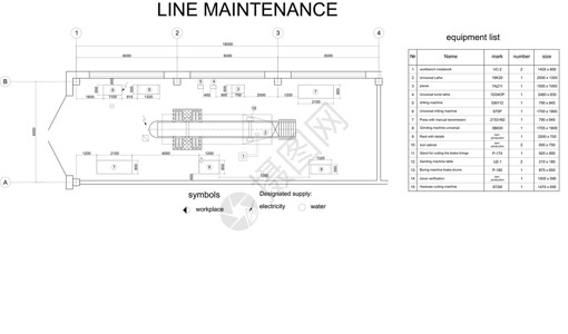 汽车维修大楼详细图画 用于车辆维修运输绘图项目工业传奇建筑学蓝图绘画建筑尺寸背景图片