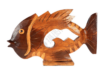 白底Souvenir隔离的鱼雕像蓝色动物乐趣纪念品塑像雕塑艺术玩具木头背景图片