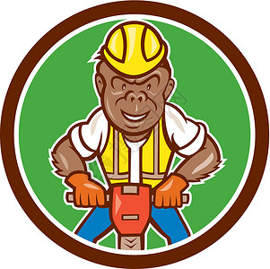 大猩猩建造 杰克汉默圆环卡通野生动物工具安全帽电钻灵长类建筑工人动物圆圈建设者插图背景图片