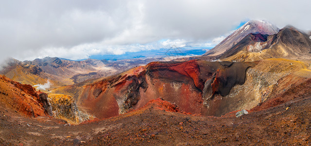 瑙鲁霍红环画戒指全景多云陨石红色喷气地形山脉高山岩石背景