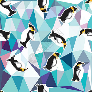 宏晶雪花带企鹅的抽象蓝晶冰背景 无缝模式 用作表面纹理艺术野生动物墙纸三角形横幅圆圈数字化插图水晶绘画设计图片