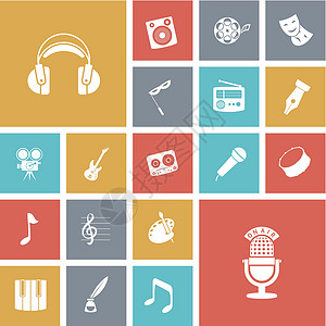 音乐和声音的简单设计图标写作鹅毛笔艺术平面收音机剧院麦克风耳机电影喇叭背景图片