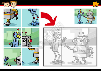 卡通机器人拼图游戏插图乐趣卡通片孩子们漫画学习学校教育图表快乐背景图片