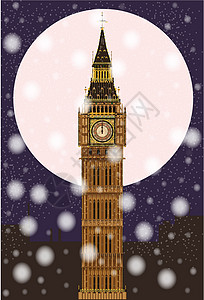 圣诞夜伦敦插图艺术下雪钟楼绘画满月天气罢工地标艺术品背景图片