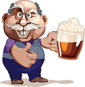 40岁男士喝啤酒的老人卡通片短发白色头发眉毛画幅玻璃男士微笑酒精插画