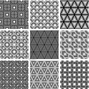 黑色和白色几何无缝模式设置 矢量回格背景图片