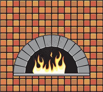 蜗耳墙空耳的矢量砖炉石头火焰余烬烹饪文化插图厨房壁炉烤箱橙子插画