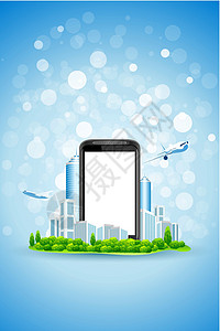 城市和空电话屏幕的蓝背景 Blue 背景景观蓝色绿色植物插图飞机建筑学场景摩天大楼办公室手机背景图片