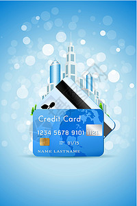 城市信用卡具有城市和信用卡的蓝色背景建筑摩天大楼办公室场景塑料个人银行卡景观插图插画