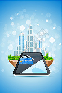 卡杜岛使用城市岛屿信用卡和平板电脑的蓝色背景天空塑料软垫摩天大楼建筑商业卡片绿色银行卡飞行设计图片