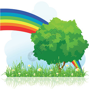 与彩虹隔绝的绿树插图草地绿色环境天空背景图片