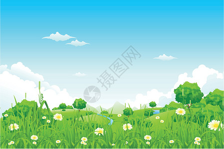 有树木的绿色景观地平线草地风景蓝色场景爬坡插图场地叶子衬套背景图片
