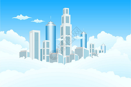 云中的新现代城市插图建筑天空场景景观办公室蓝色摩天大楼地平线背景图片
