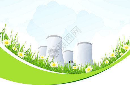 核电厂和草的背景资料摘要ACONF 1916核电站绿色插图植物风景蓝色叶子城市发电厂地平线背景图片