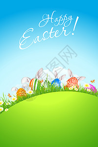 带复活节鸡蛋的绿地貌背景装饰爬坡插图装饰品兔子雏菊背景图片