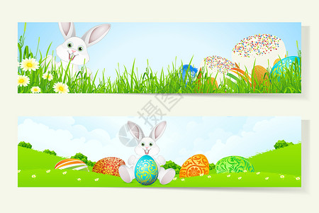 一套带有装饰鸡蛋的复活节封条装饰品雏菊兔子插图爬坡背景图片
