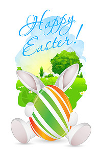 带景观 兔子和装饰鸡蛋的复活卡云景装饰品插图爬坡雏菊背景图片