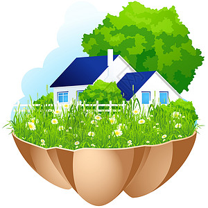 绿色家园衬套房子电脑绿色植物插图天际场景天空草地建筑背景图片
