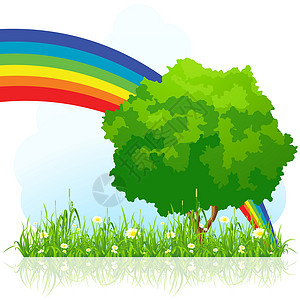 与彩虹隔绝的绿树草地绿色插图天空环境背景图片