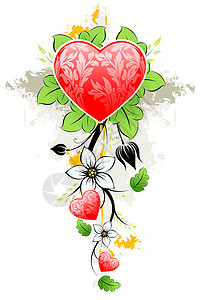 总结情人节的心血红色插图卡片古董绘画叶子艺术背景图片
