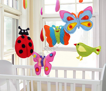 蝴蝶 小虫和鸟婴儿床孩子们手工手机婴儿羊毛孩子毛毡玩具苗圃背景图片