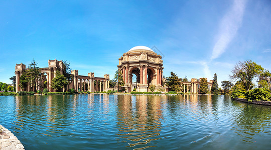 旧金山艺术宫美术全景地标小说博物馆公园柱廊圆形建筑旅游反射吸引力背景图片