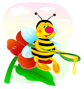 蜜蜂工蜂卡通片蜜蜂园绿色勺子动物群农场食物蜂蜜红色插画