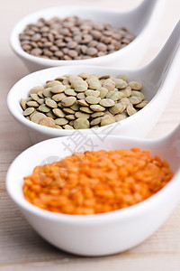 碗里的三种扁豆  红扁豆 绿扁豆和 br豆类食物水平素食黄色绿色棕色红色背景图片