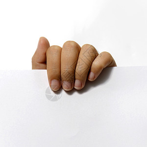 特写女人手拿着纸推介会商业白色横幅女性标语海报手指木板广告牌背景图片