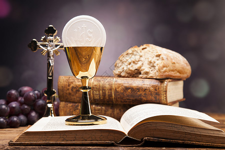 圣物 圣经 面包和酒信仰晶圆背景图片