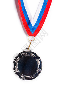 黑色丝带徽章三色彩带金属奖牌蓝色竞赛丝带荣誉红色勋章圆形胜利徽章黑色背景