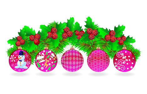 红色圣诞球圣诞球绿色节日浆果红色插图装饰品装饰插画