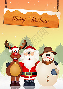圣诞老人 雪人和驯鹿卡通片小精灵景观庆典礼物明信片新年插图雪花背景图片