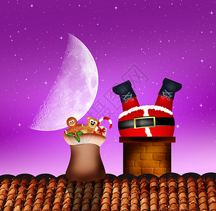 圣诞老人在屋顶上屋顶月光卡通片月亮瓦片庆典插图壁炉礼物新年背景图片