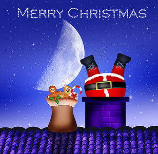 圣诞卡瓦片插图礼物新年庆典月光卡通片壁炉月亮屋顶背景图片