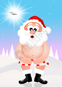 穿着内裤的圣诞老人卡通片外套乐趣袜子圣诞袜夹克丝带帽子衣服展示背景图片