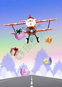 圣诞老人开飞机圣诞老人在飞机上明信片新年插图景观雪花闲暇雪人礼物卡通片庆典背景