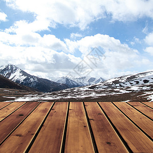 雪山 有天空和木地板木头木板背景图片