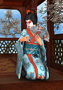 艺伎衣服礼仪女性和服传统异国数字扇子文化艺人背景图片