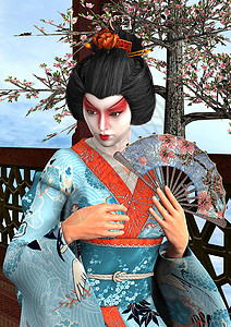 艺伎戏服异国艺术数字女孩文化情调丝绸蓝色艺人背景图片