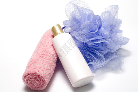 泡泡浴液肥皂和毛巾产品浴缸身体温泉淋浴擦洗皮肤海绵治疗塑料背景