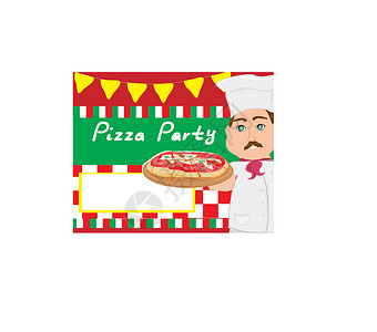 铁板披萨味道带比萨饼的厨师  带有文本空间的简易卡片微笑餐厅男人服务员味道派对工作服务菜单职业设计图片