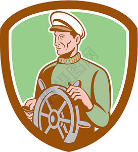 轮盾船舰长轮式护盾雷特罗艺术品波峰插图车轮男人船长男性队长舵手背景图片