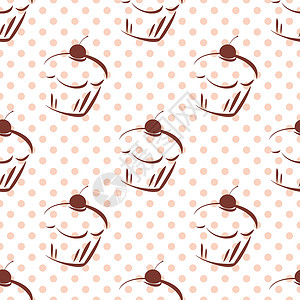 粉质细腻带有樱桃蛋糕和白底粉粉红圆点的薄质矢量模式博客桌面涂鸦甜点墙纸织物生日插图淋浴食物插画
