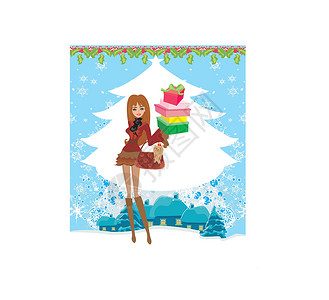 在雪地里狗在雪天买圣诞购物盒子围巾女孩运输街道车辆女士别墅礼物季节设计图片