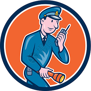 警用火炬无线电台圆形刻贴画执法讲话男人卡通片艺术品男性警官警卫插图安全背景图片