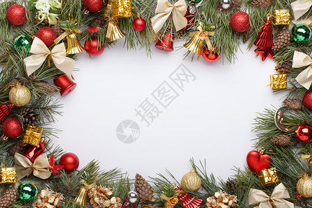 圣诞节框架盒装星星云杉玩具物品枞树松针花彩商业丝带背景图片