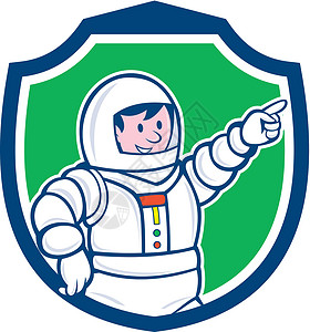 宇航员指向前线盾牌卡通波峰宇航服太空人艺术品卡通片插图背景图片