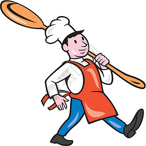 烹饪厨师外出勺子卡通卡通片艺术品肩膀工人插图帽子男性男人食品背景图片