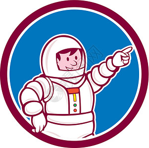 宇航员指向前线圆圈插图宇航服卡通片太空人艺术品背景图片